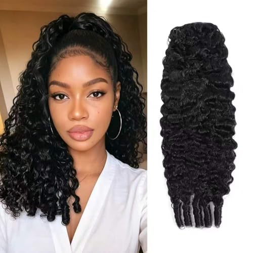 MAHKOTAKU Burmese Curly 20" Human Hair Ponytail Extensions, Natural Black