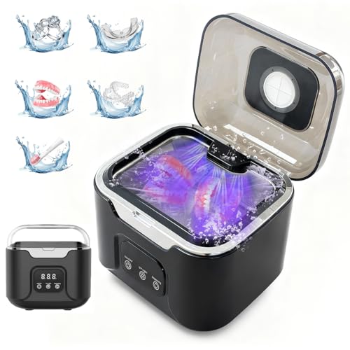 Ultrasonic Retainer Cleaner Machine Black 48kHz with UV & 4 Modes for Dentures, Mouth Guards & Jewelry