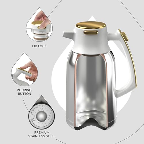 IDEUS 68oz Thermal Coffee Carafe with Vacuum Insulation, White-Gold, Model 67.6 Ounces