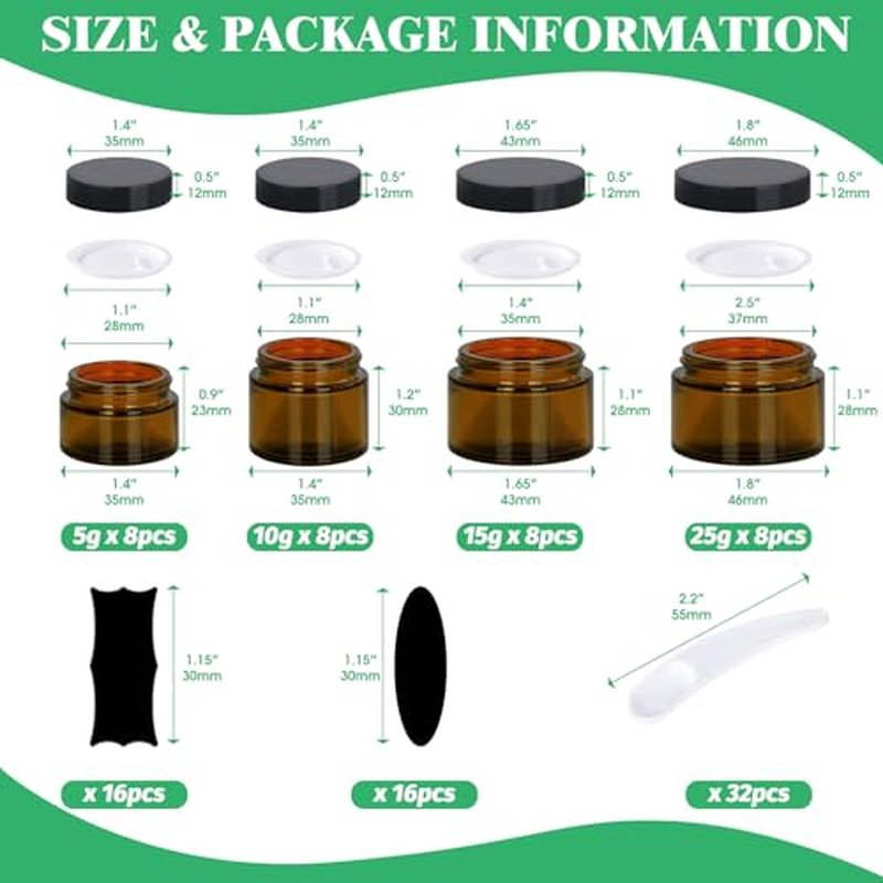 192Pcs 5g 10g 15g 20g Amber Glass Jars Assorted Kit with Black Lids, Inner Liners, Spoons and blank labels for Storing Lip and Body Scrub, Bath Salts, Lotion, Body Butter