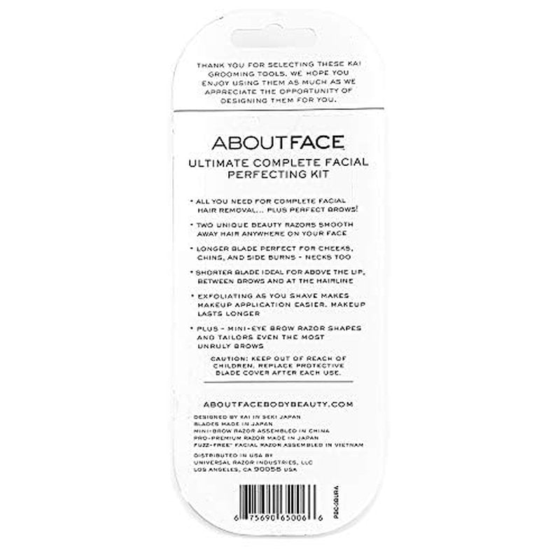 About Face Ultimate Complete Facial Perfecting Kit - 3 Beauty Groomers for Hair Removal, Ideal for Shaving, Exfoliating, Dermaplaning and Brow Shaping, Japanese Steel Gently Removes Facial Hair