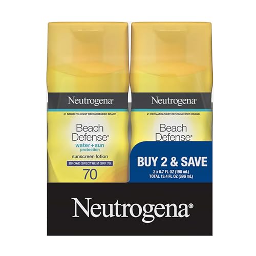 Neutrogena Sunscreen Lotion Beach Defense SPF 70, Face and Body Sunscreen, Hawaii Reef Act 104 Compliant, Octinoxate & Oxybenzone Free, Oil Free, Fast Absorbing Sun Care, 6.7 fl oz, Twin Pack