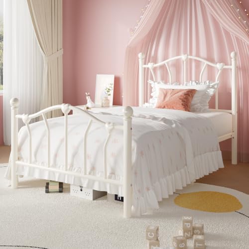 Twin Metal Bed Frame with Heart-Shaped Design - Cream White, Includes Storage and Noise Reduction - SHA CERLIN