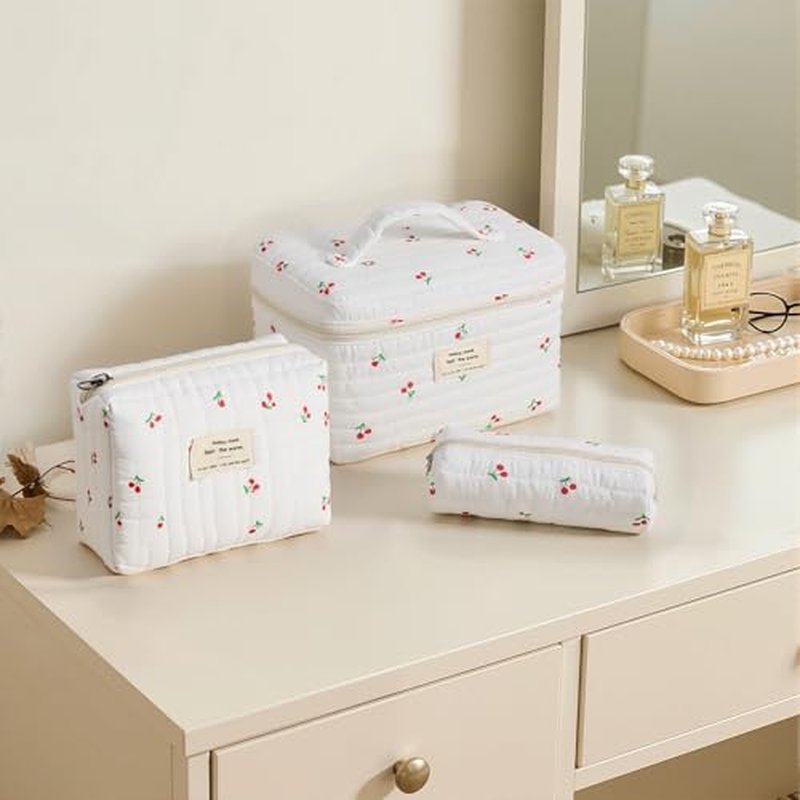3Pcs Cotton Quilted Makeup Bag for Women Girls, Large Floral Cosmetic Bag Set Cute Makeup Brushes Aesthetic Accessories Storage Bag Cherry Travel Toiletry Bag Organizer