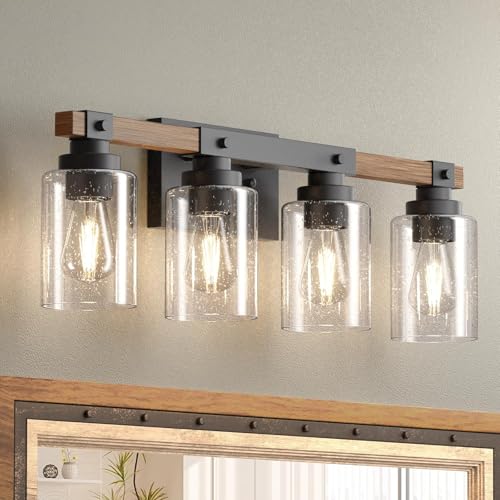 Amico 4-Light Farmhouse Bathroom Vanity Light - Seeded Glass, Black & Wood - Rustic Style