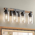 Amico 4-Light Farmhouse Bathroom Vanity Light - Seeded Glass, Black & Wood - Rustic Style