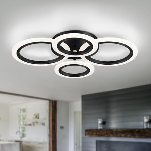 4-Light LED Flush Mount Ceiling Light - Black Modern Geometric Rings - Not Dimmable