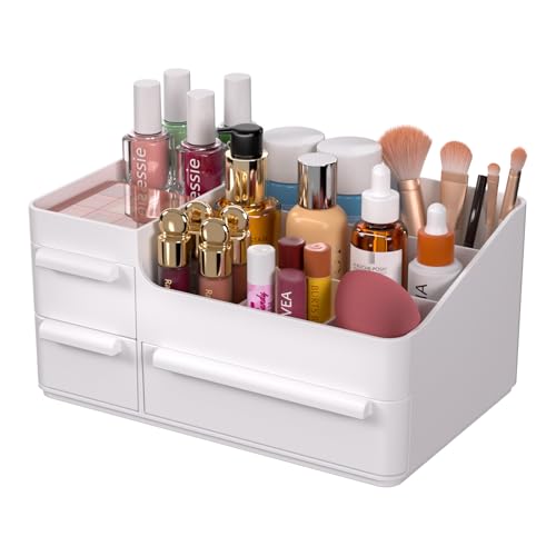 CHANCETSUI Makeup Organizer With Drawers, Makeup Desk Organizer, Bathroom Countertop Organizer for Cosmetics, Vanity Holder for Lipstick, Makeup Brush Holder/Organizer (White)
