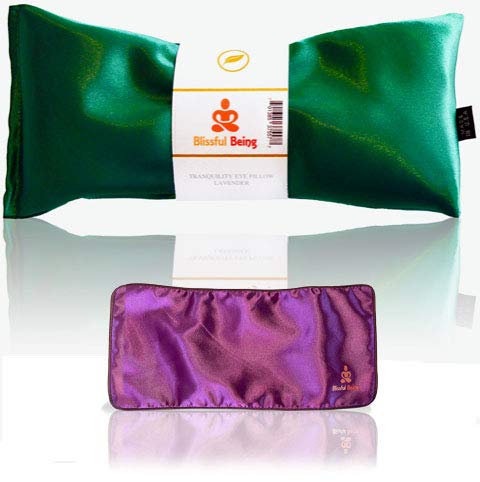Blissful Being Lavender Eye Pillow with Purple Satin Cover- Hot or Cold Aromatherapy Eye Pillow perfect for Naps, Yoga, Meditation - Natural Relaxation (Emerald with purple cover bundle)