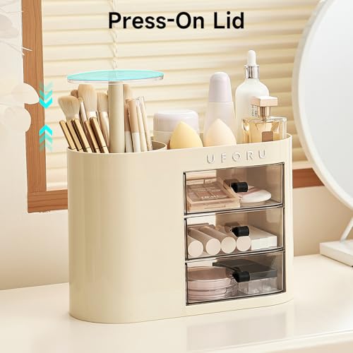 UFORU Makeup Organizer with Pop-Up Brush Holder - Cream White Vanity Storage