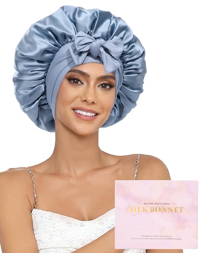 Ufgin 100% Mulberry Silk Sleep Bonnet for Women Double Layer Haze Blue & Sky Blue