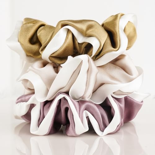 Silmer 100% Mulberry Silk Scrunchies 3 Pack - Pale Mauve, Apricot, Champagne Gold (Silk Hair Ties)