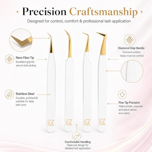 M LASH Tweezers, Eyelash Extensions Set of 4 | White