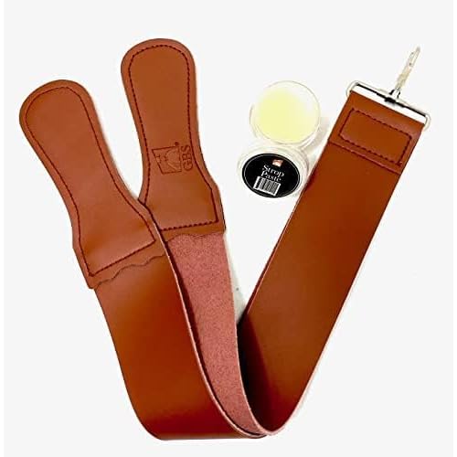 G.B.S Straight Razor Leather Strop 2.5" x 23.5" Cow Hide Dual Straps with Swivel Clip + 22 ML Strop Paste Leather Dressing to Maintain Strop - Made in USA