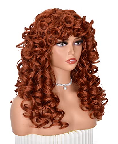 Copper Curly Wig for Women Long Afro Hair with Bangs - Bouncy Synthetic Fiber, Glueless, Daily & Cosplay