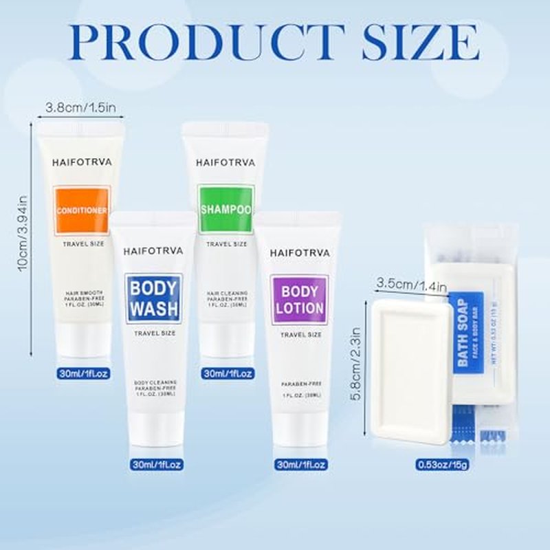 200 Pcs 5-IN-1 Hotel Soaps and Toiletries Bulk Set,5-Piece Set Mini Bulk Travel Size Toiletries Set 1 oz each Shampoo,Conditioner, Body Wash and Lotion,0.53 oz Soap Hotel Supplies for Guests,Homeless