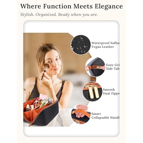 ALEXTINA Travel Makeup Bag, Large Capacity Cosmetic Bags for Women, 2Pcs Makeup Organizer Bag, Wide Open Flat Portable Pounch with Dividers, Waterproof Toiletry Bag for Women (Brown and Black)