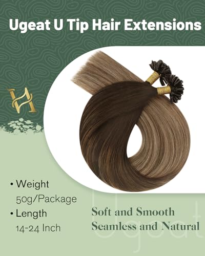 Ugeat U Tip Hair Extensions Real Remy Human Hair Ombre Brown 16 Inch 40G Pack of 50