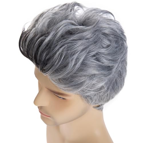 Men's Grey Wavy Wigs - Heat-Resistant Synthetic Party Halloween Cosplay Hair