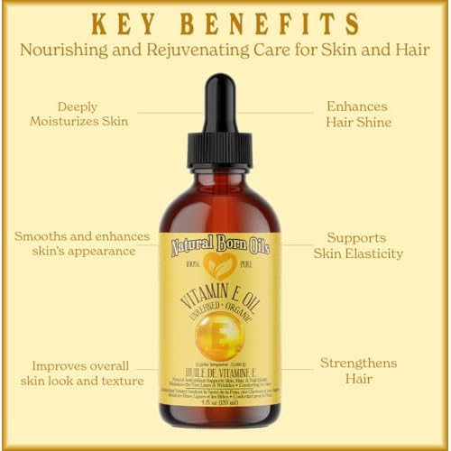 Natural Born Oils Natural Vitamin E Oil, 8oz, Organic, Cold-Pressed, Rich in Alpha-Tocopherol, Ideal for Moisturizing Skin, Strengthening Hair