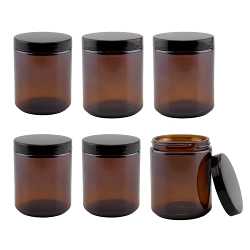 Amber Brown Glass Cosmetic Jars Pack of 6 9oz - Airtight Body Butter & Cream Storage