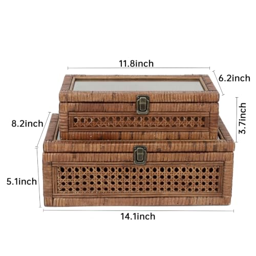 14.1 x 8.2 x 5.1 Inch Rattan and Cane Stacking Storage Boxes Set of 2 - Rustic Brown
