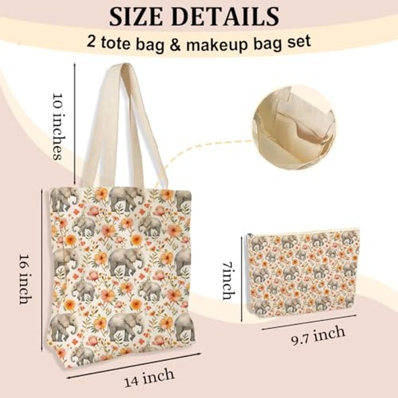 Cute Elephant Gifts Elephant Stuff Merch,2pcs Cosmetic Bag Canvas Tote Bag for Women Set, Shopping Beach Grocery Canvas Tote, Birthday Christmas Friendship Gifts for Women Animal Lovers Girls Sister