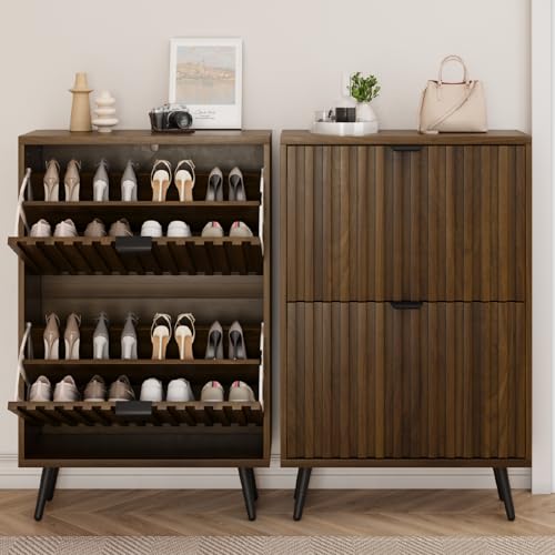 Walnut Shoe Cabinet with Flip Drawers - 23.6 Inch Freestanding Organizer with Fluted Design