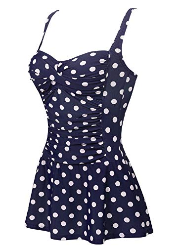 Joyaria Women's Tummy Control One-Piece Swimsuit with Skirt Navy Polka Dot