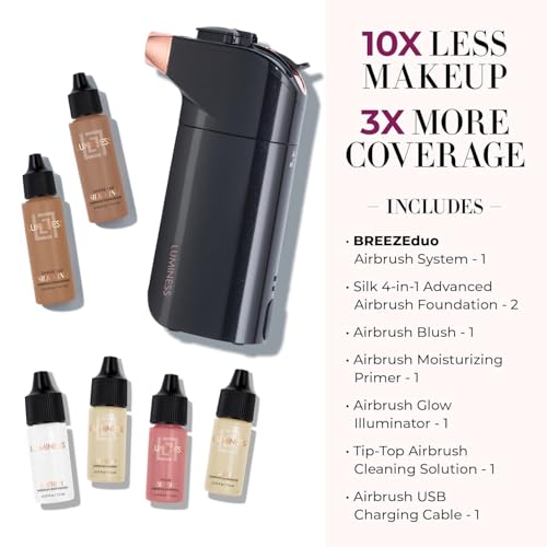 Luminess Breeze Duo Airbrush Makeup System, Deep Coverage ? 9-Piece Kit includes 2x Silk Airbrush Foundation, Apricot Shade Blush, Glow Highlighter, Moisturizer Primer, and Airbrush Cleaning Solution