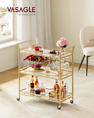 VASAGLE Gold Bar Cart with Mirrored Glass Shelves, 3-Tier Large Serving & Wine Storage
