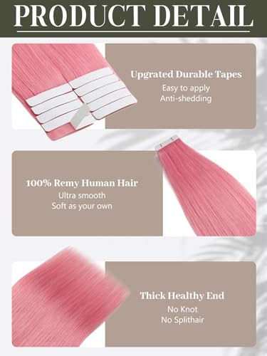 Hair Extensions Tape in Human Hair 14 Inch Pink 10 Pcs 25g - Silky Soft & Reusable