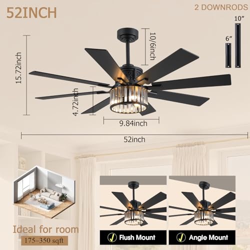 Farmhouse Crystal Ceiling Fan with Lights and Remote - Black 52 Inch with Dual Blades