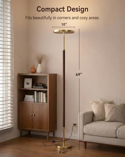 JOOFO Walnut Wood & Brushed Brass LED Torchiere Floor Lamp with Remote, Dimmable 3000LM