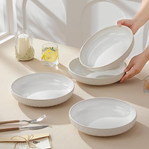 White Ceramic Pasta Bowls Set of 4 48 Oz Large Salad Plates Modern Relief Design