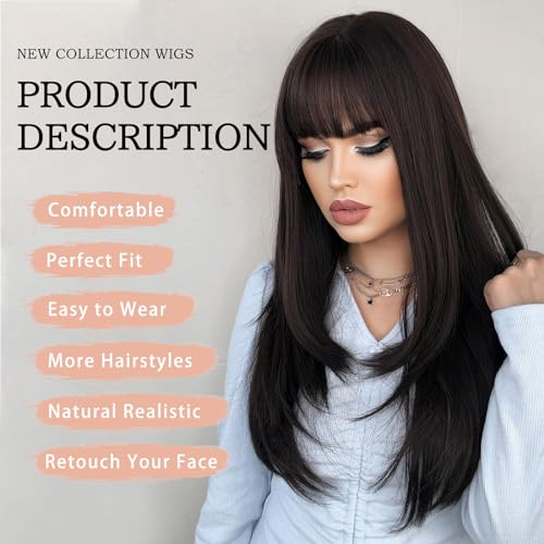 24 Inch Natural Black Layered Wig with Bangs for Women - Model 1B