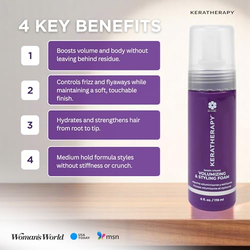 KERATHERAPY Keratin Infused Volumizing Nourishing Styling Foam, 6 fl. oz., 178 ml - Hair Styling Foam with Sunflower Oil, Linseed Oil, & Olive Fruit for Shine & Frizz Control - Volumizing Mousse