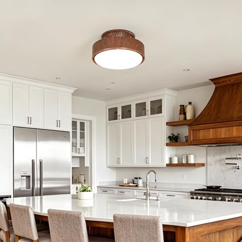 Walnut Bladeless Ceiling Fan with Lights, 11 Inch Flush Mount Fandelier, Remote Control, Dimmable LED for Bedroom & Kitchen