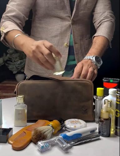 Leather Travel Toiletry Bag for Men Dark Brown Full-Grain Buffalo Leather Dopp Kit