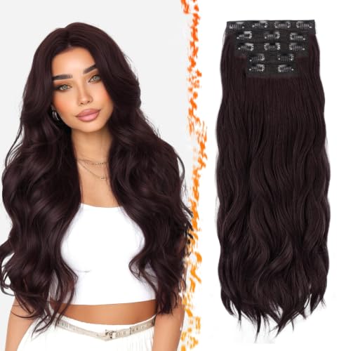 BARSDAR 24 Inch Dark Red Brown Wavy Clip-In Hair Extensions - Synthetic, Natural-Looking Volume & Length