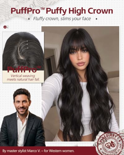 Jet Black Wavy PuffPro Voluminous Wig with Bangs - 28 Inch Long Realistic Scalp for Women