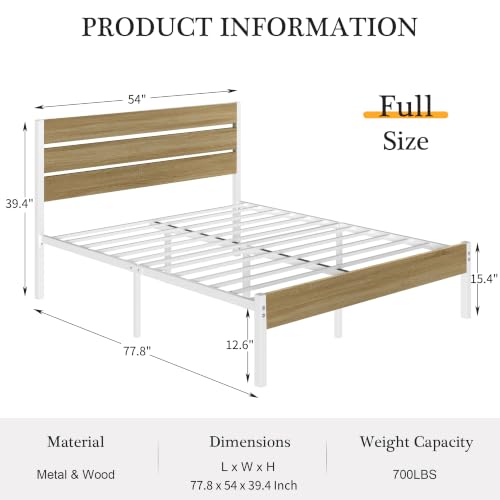 Full Size Metal Bed Frame with Wood Headboard - Natural & White, Heavy-Duty Platform