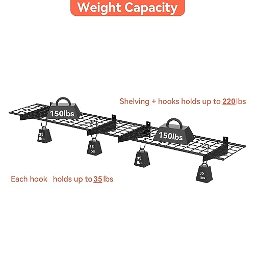 Garage Wall Shelves 2-Pack - 15x45 Inch Wire Storage with Hooks, Black