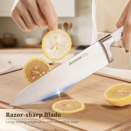 Cream White 12-Piece Kitchen Knife Set with Block & Sharpener - Full Tang Stainless Steel, Ergonomic Handles