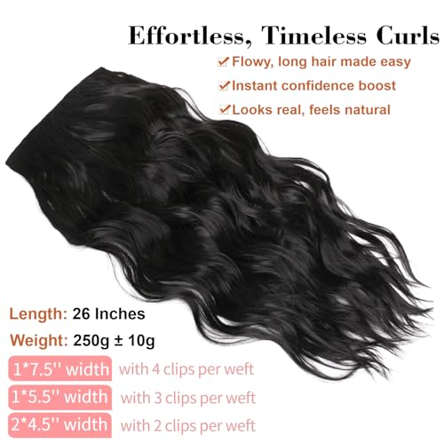 Natural Black 26 Inch Wavy Synthetic Clip-In Hair Extensions - 4PCS