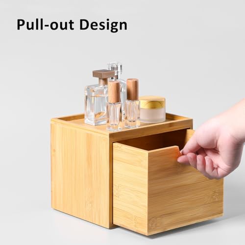 Bamboo Facial Tissue Holder with Drawer and Top Shelf for Bathroom Counter