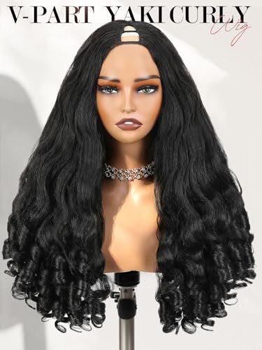 Black Yaki Curly V Part Wig 24 Inch Loose Wave Bouncy Curl Ends - Black