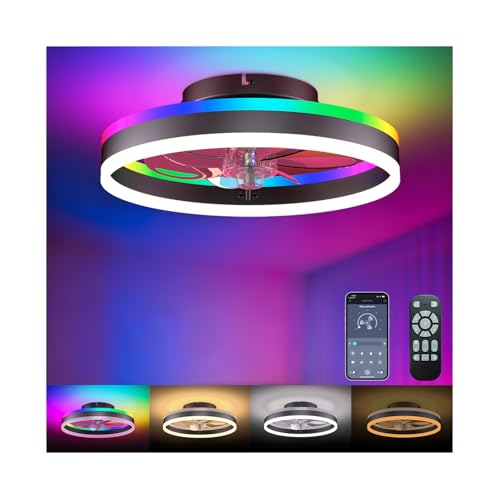 JHSYCH RGB Black 16-Inch Low Profile Ceiling Fan with Lights & Remote