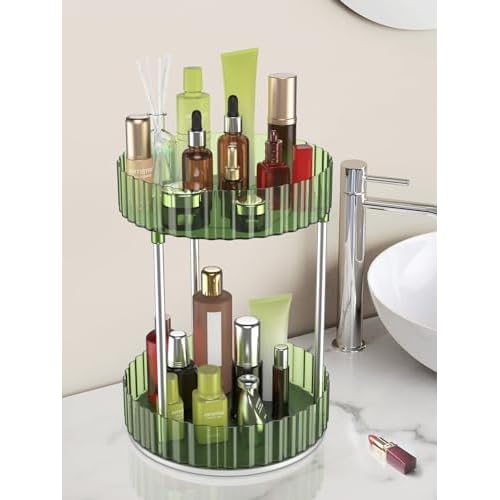 Makeup Organizer,360¡Æ Rotating Makeup Organizer,2-Tier Round Rotating Skincare Organizer Countertop,Fits Bedroom, Bathroom, Vanity Shelf Countertop(Green)