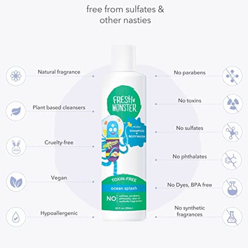 Fresh Monster 2-in-1 Kids Shampoo & Body Wash, Ocean Splash - 8.5oz, Toxin-Free, Hypoallergenic, Natural & PETA Certified Cruelty-Free, Unisex
